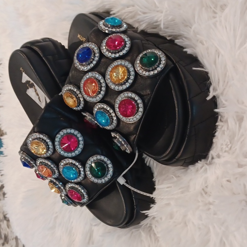 Kurt Geiger Rainbow Rhinestone Gem Crystal Leather Quilted Slip On Sandal New - Picture 8 of 15